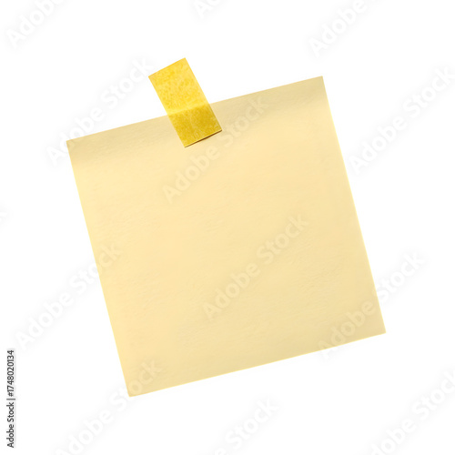 A single square yellow sticky note attached with a piece of yellow tape isolated on transparent background