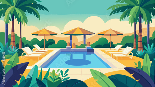 A luxurious resort pool area nestled a lush tropical plants with sun loungers and cabanas signifying relaxation and escapism.