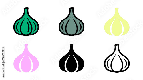 Vector art of collection of garlic icons in various colors and styles