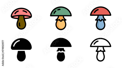 Vector art of set of six mushroom icons in various colors and styles