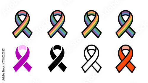 Vector art of set of awareness ribbons in various colors including rainbow and pride