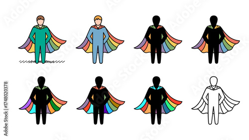 Vector art of superhero icons with rainbow capes in various styles, representing power and pride