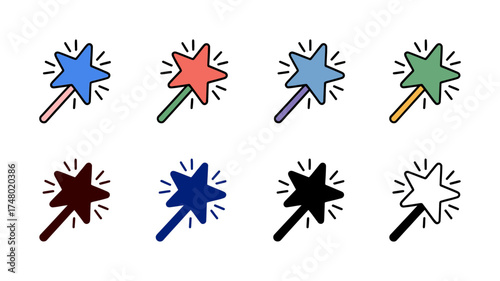 Vector art of assortment of magic wand icons in different colors and styles