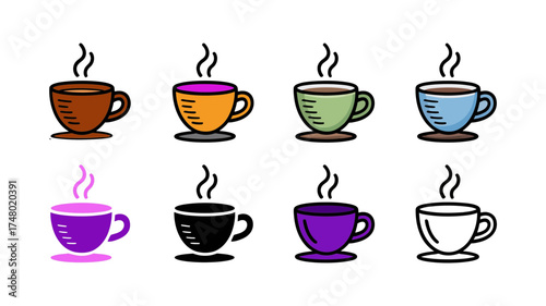 Vector art of selection of steaming coffee cup icons in various colors and styles