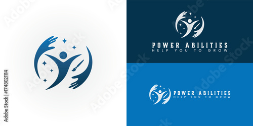 A dynamic circle featuring an empowered individual with open arms, framed by supportive hands. Stars symbolize potential, and a paintbrush represents creativity and vocational skills.