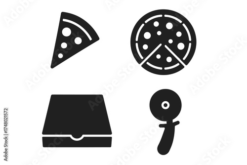 Black and white pizza icons set with slice, box, and cutter
