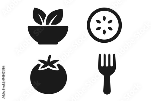 Set of four black icons: salad bowl, cucumber slice, tomato, fork