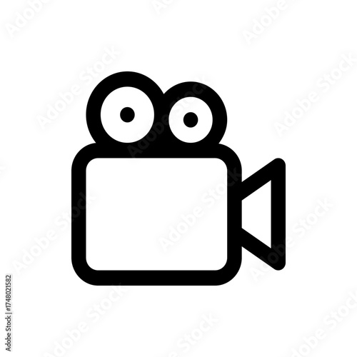 Illustration of a simple black and white camcorder icon with rounded edges and a triangular side piece