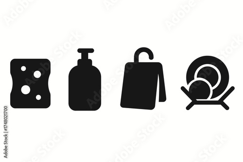 Kitchen cleaning essentials: sponge, soap, towel, dish rack icons in black