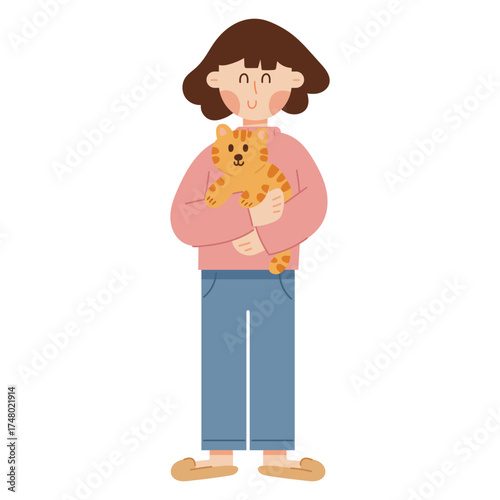Flat cartoon illustration of a cute girl with a cat. Adorable friendship concept between child and pet in minimal style, perfect for lifestyle, love, and animal designs.