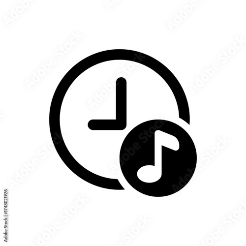 Clock face with hour and minute hands and a music note icon indicating time for music or a musical alarm 100