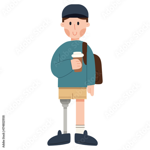 Cartoon man with prosthetic leg. Vector illustration of a confident man with a prosthetic leg. Perfect for representing disability inclusion, diversity, sports, and physical therapy. 