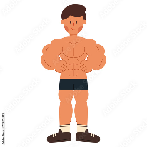 Flat cartoon vector illustration of a man bodybuilding. Cartoon illustration of a man bodybuilding and lifting weights. Fitness and workout concept in minimal flat design, perfect for health, gym, 