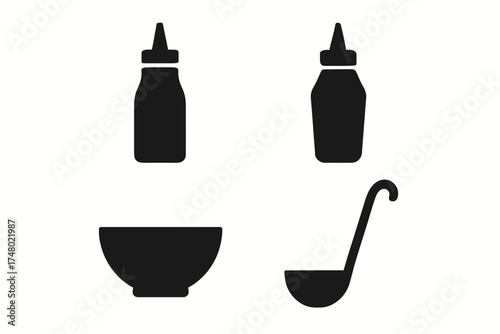 Silhouette icons: ketchup bottles, bowl, and ladle on white background