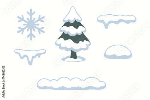 Winter elements: snowflake, snow-covered pine tree, snowdrifts, and icicles on white background