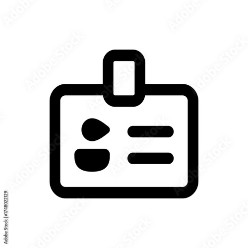 Illustration of a black and white id badge with rounded corners and simple graphic elements inside the frame