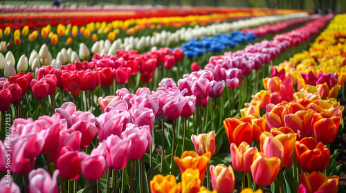 A panoramic view of a colorful tulip field in Noordoostpolder.