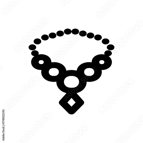 Illustration of a black necklace with a beaded chain and a pendant with circular and diamond shapes