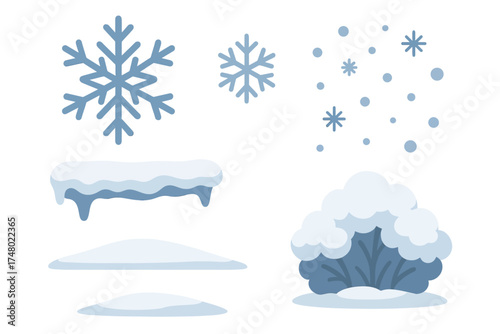 Winter elements: snowflakes, snowdrifts, and frosty bush illustration