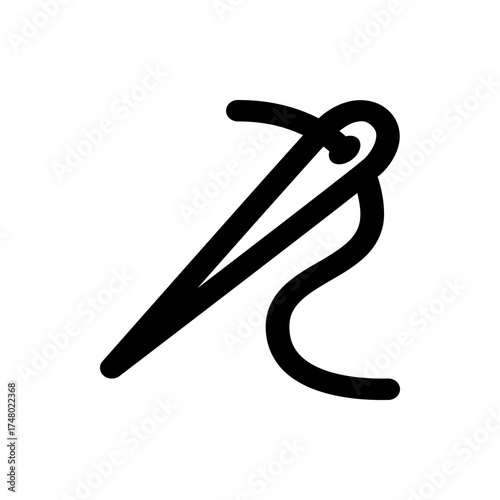 Illustration of a sewing needle with thread going through the eye of the needle in a simple black outline