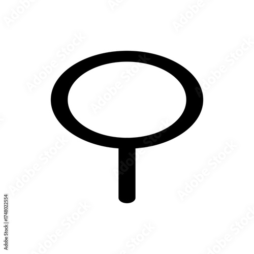 A simple black magnifying glass icon with a circular lens and a short vertical handle design element isolated