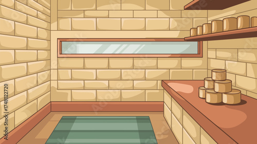 Cartoon storage room with brick walls and a window and jars on a shelf and counter space area
