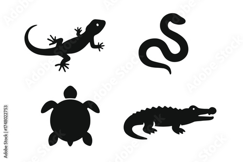 Silhouettes of reptiles: lizard, snake, turtle, crocodile on white background