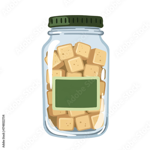 Glass jar full of croutons with blank label, flat illustration, beige and green, snack food concept
