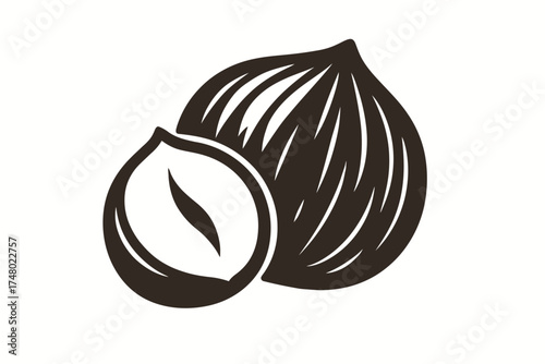 Black and white hazelnut icon with shell and nut details