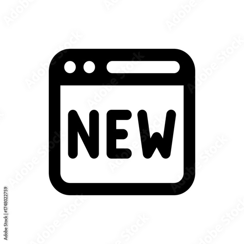 Black and white icon of a browser window with three circles at the top and the word new written inside it