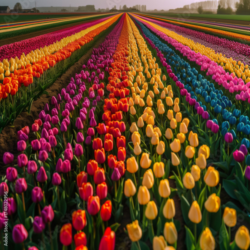 A panoramic view of a colorful tulip field in Noordoostpolder.