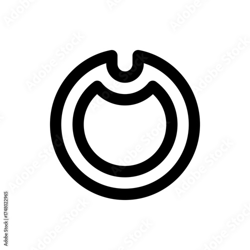 A stylized black and white graphic featuring a double lined circle with a smaller partial circle inside it