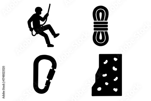 Rock climbing equipment: silhouette icons of climber, rope, carabiner, and wall