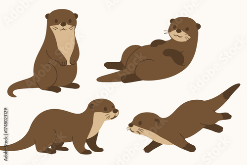 Playful cartoon otters in various poses on white background