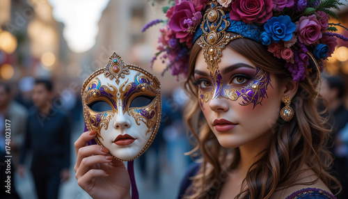 Colorful Masked Woman in Elaborate Costume Celebrates at a Lively Street Festival During a Sunny Afternoon