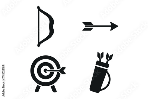 Archery icons: bow, arrow, target, and quiver silhouettes on white background