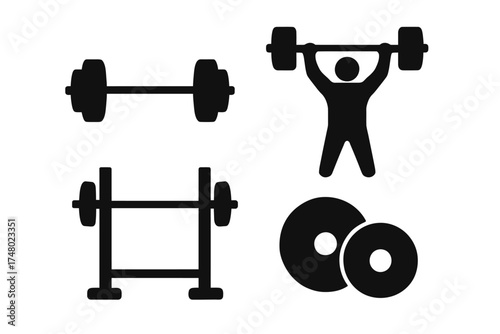 Weightlifting icon set: barbell, weightlifter figure, weights, gym equipment