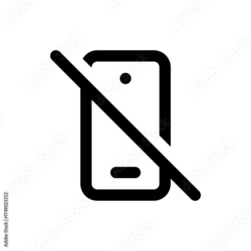 Mobile phone with a line through it indicating no signal or phone is off in a simple black and white icon