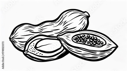 Black and white illustration of papaya, whole and sliced, showing seeds
