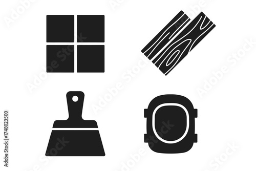 Home improvement icons: window, wood, paint scraper, safety goggles