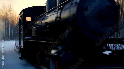Steam train travels through snowy landscape at dawn. Forest, tracks, carriage, and orange sky dominate