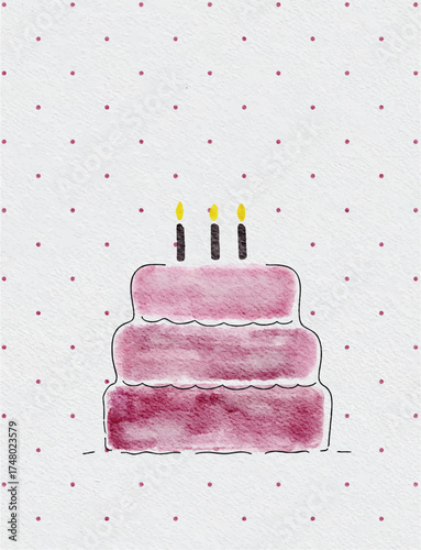 Cute hand painted pink birthday cake illustration with candles. Perfect for greeting cards, invitations, party decor, or celebration themed designs