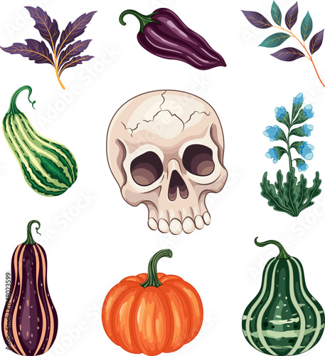 Spooky Halloween Clipart Collection: Vibrant Orange Pumpkins, Striped Purple Gourds, Green Squash, Purple Chili, Skull, Foliage, and Blue Flowers Vector Set