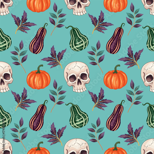 Eerie Seamless Halloween Pattern: White Skulls, Orange Pumpkins, Striped Purple Gourds, Green Squash, and Purple Leaves on Teal Blue Background Vector