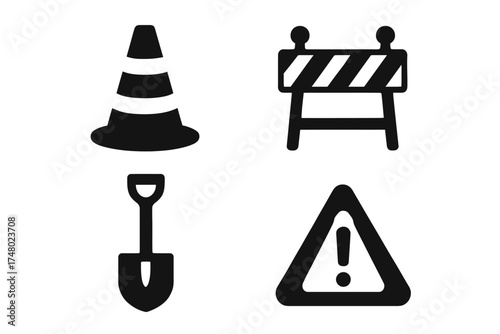 Set of construction icons: traffic cone, barrier, shovel, and warning sign