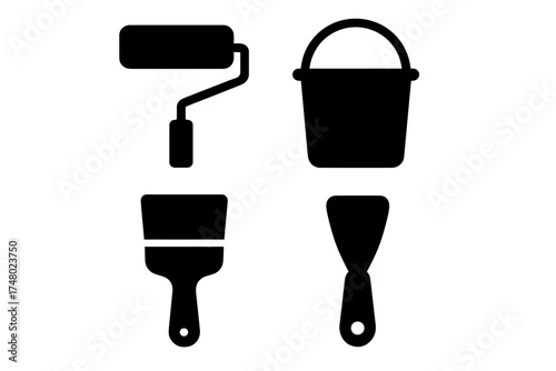 Black silhouette of painting tools: roller, bucket, brush, and scraper