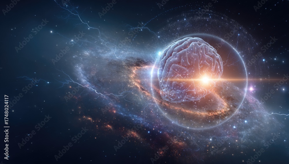 Obraz premium A luminous brain encased in a shimmering force field against a cosmic nebula backdrop
