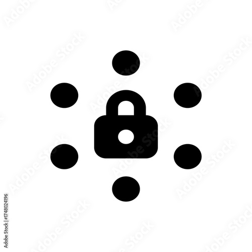 A black padlock with a white circle inside surrounded by six black circles on a white background image