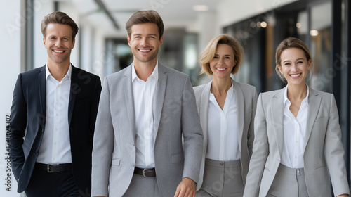 Professional business team walking confidently in modern office environment, showcasing teamwork and collaboration