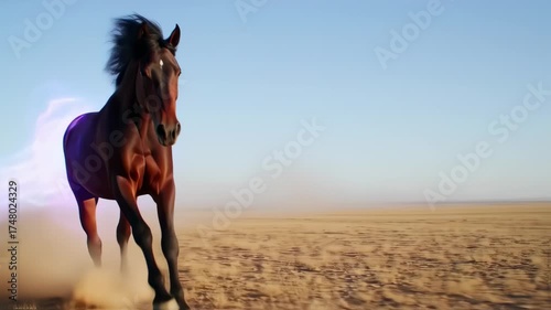 A brown horse runs through a desert scene, illuminated with purple lightning